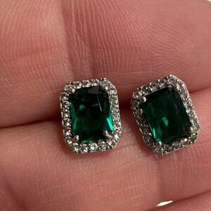 Emerald Green Halo Square Stud Earrings for Women